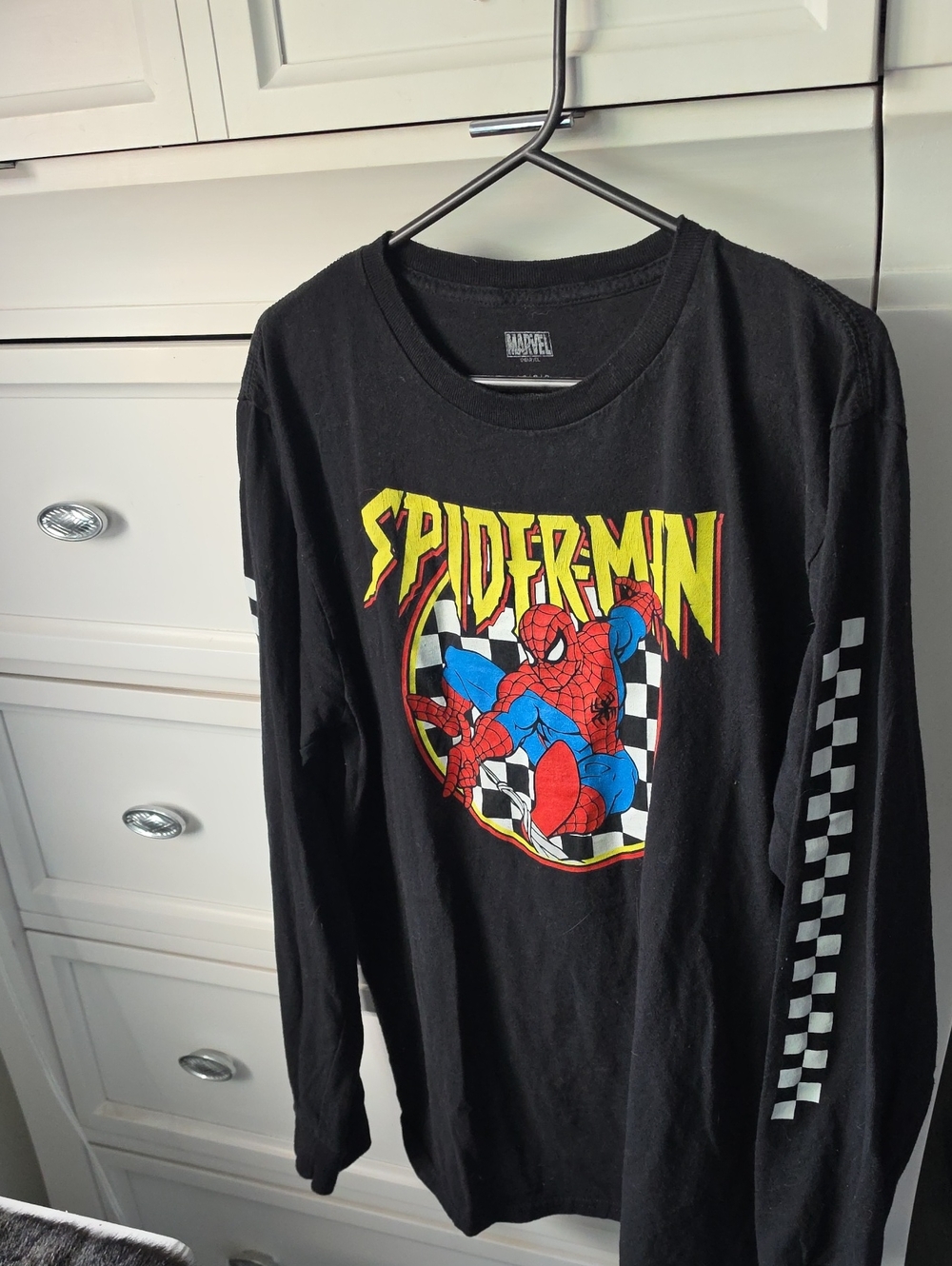 Marvel Spider-Man Black Long-Sleeve Tee with Checkerboard Sleeve